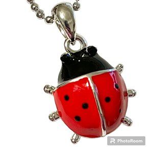 Silver Red Ladybug Pendant Necklace Crystal Plated 17" Chain Insect Enamel
